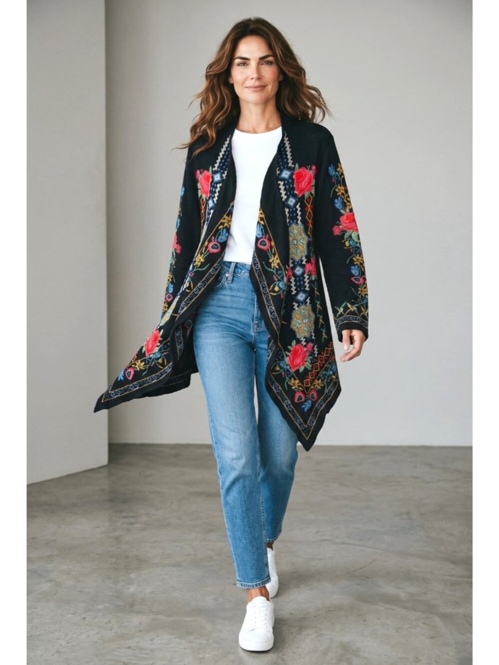 Time fo ME heavy embroidered knit wrap cardigan sz L boho floral whimsy